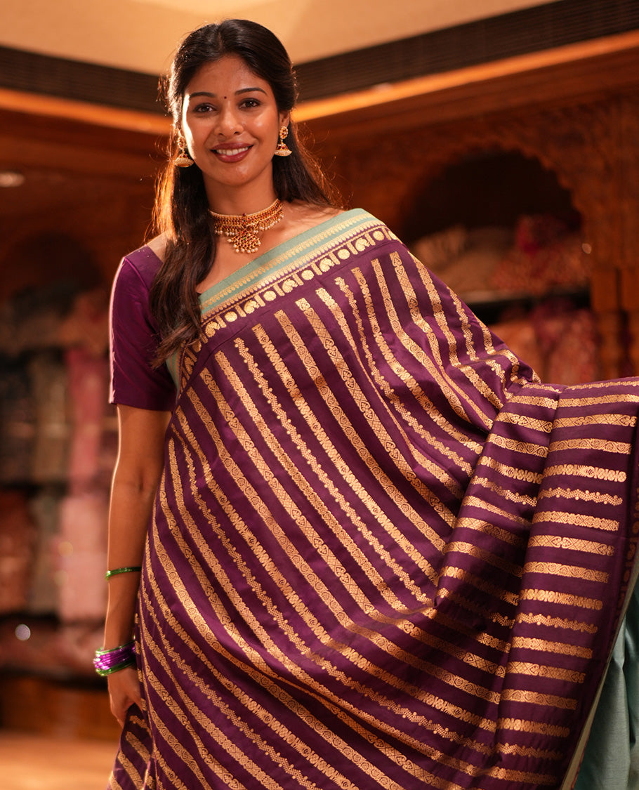 Wine Zari Stripes Fancy Raw Silk Saree, Contrast Traditional Border, Jaal Pallu, and Contrast Blouse