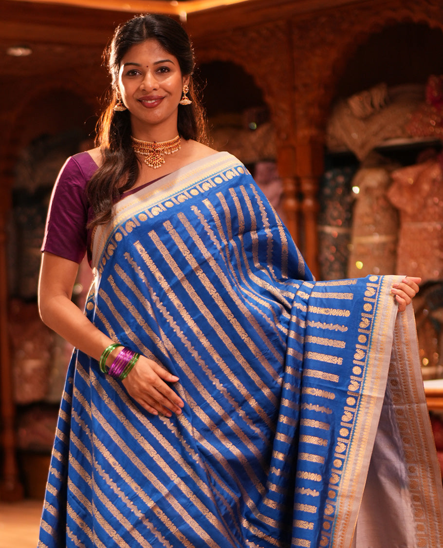 Blue Zari Stripes Fancy Raw Silk Saree, Contrast Traditional Border, Jaal Pallu, and Contrast Blouse
