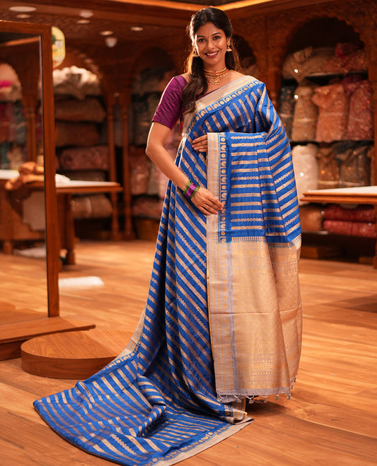 Blue Zari Stripes Fancy Raw Silk Saree, Contrast Traditional Border, Jaal Pallu, and Contrast Blouse