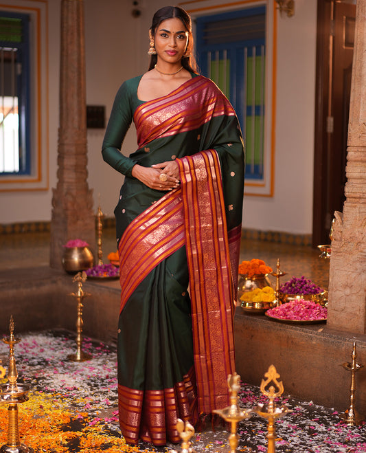 Green Mayil-Chakra Buttas Vasundhara Lite Silk Mix Saree, Contrast Traditional Zari Border, and a Contrast Blouse
