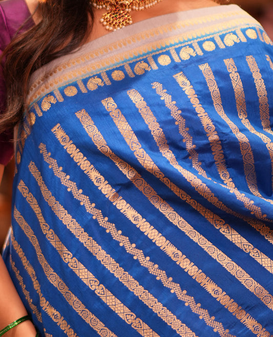 Blue Zari Stripes Fancy Raw Silk Saree, Contrast Traditional Border, Jaal Pallu, and Contrast Blouse