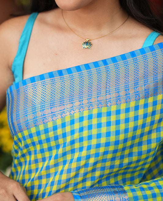 Lemon Yellow-Blue Chettinad Cotton Saree, Adorned with Vintage Checks, Contrast Traditional Border, Striped Pallu, and a  No Blouse
