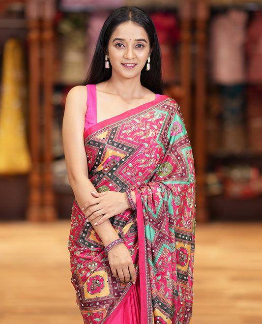Rani Masakali Saree Featuring Floral and Geometric Motifs Print and Mirror Work, Self-Printed Border, Pallu Elevated with Colorful Mughal-Inspired Motifs Print, and a Matching Printed Blouse