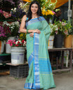 Lemon Yellow-Blue Chettinad Cotton Saree, Adorned with Vintage Checks, Contrast Traditional Border, Striped Pallu, and a  No Blouse