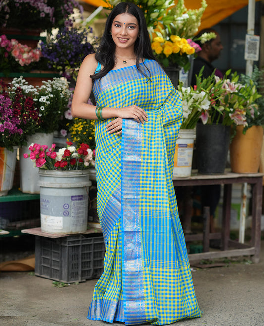 Lemon Yellow-Blue Chettinad Cotton Saree, Adorned with Vintage Checks, Contrast Traditional Border, Striped Pallu, and a  No Blouse