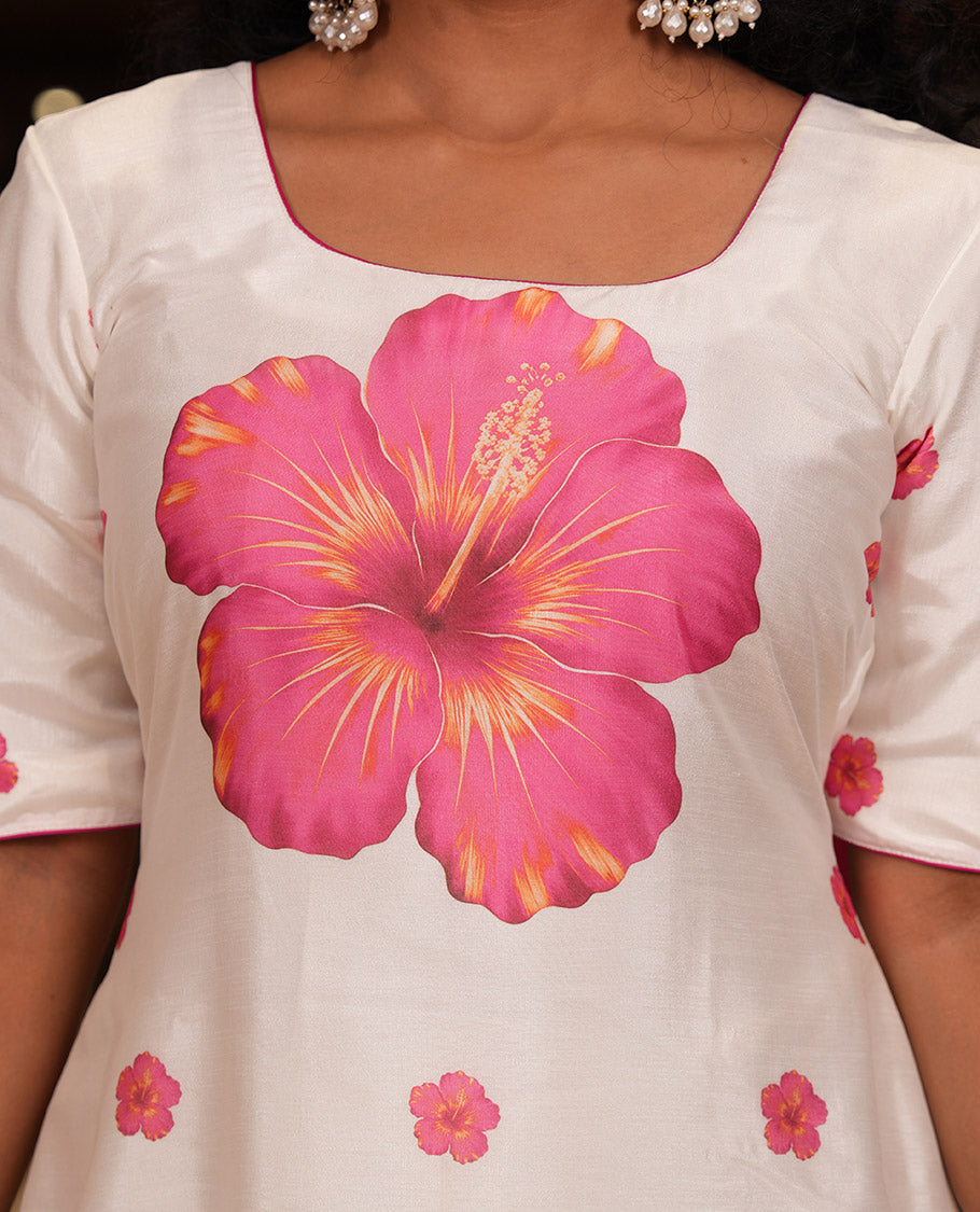 Cream-Pink Semi-Silk Material Chudidar, Floral Printed Top, Matching Bottom, Floral Printed Dupatta