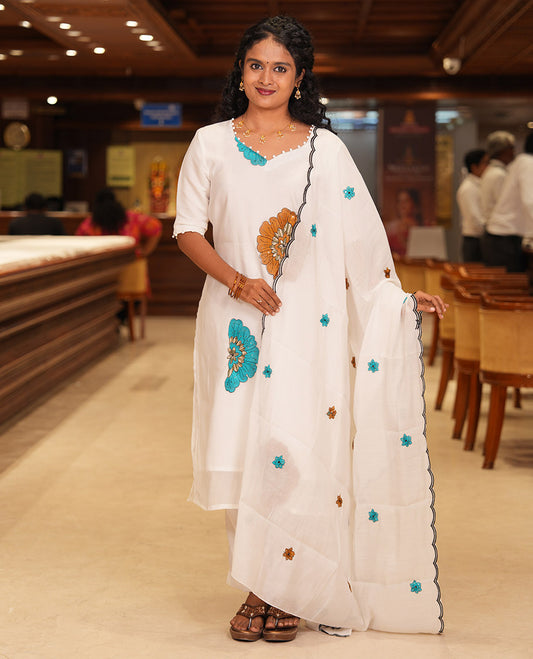 Cream-Brown Mul Chanderi Material Chudidar, Floral Embroidery Top, Matching Bottom, Floral Embroidery Dupatta