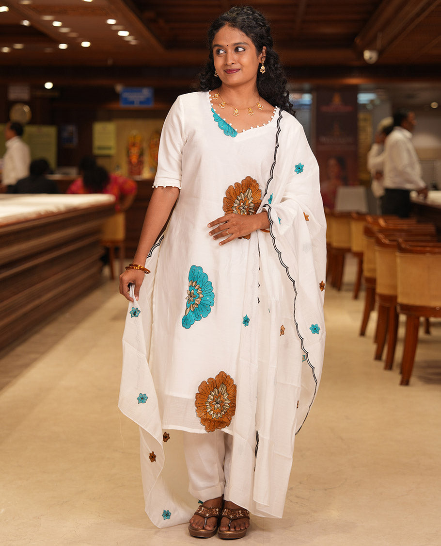 Cream-Brown Mul Chanderi Material Chudidar, Floral Embroidery Top, Matching Bottom, Floral Embroidery Dupatta
