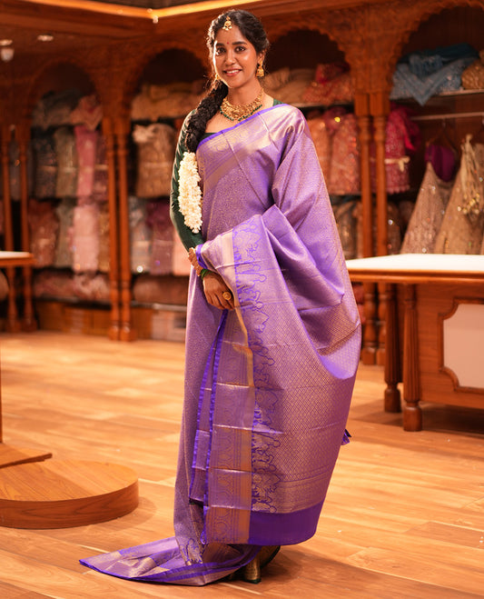 Violet Jacquard Budget Silk Saree Features a Traditional Zari Border, Jaal Pallu, Matching Blouse