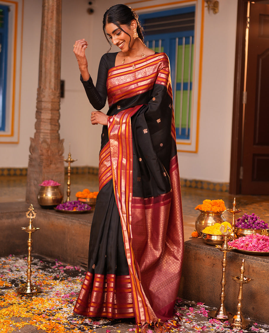 Black Mayil-Chakra Buttas Vasundhara Lite Silk Mix Saree, Contrast Traditional Zari Border, and a Contrast Blouse