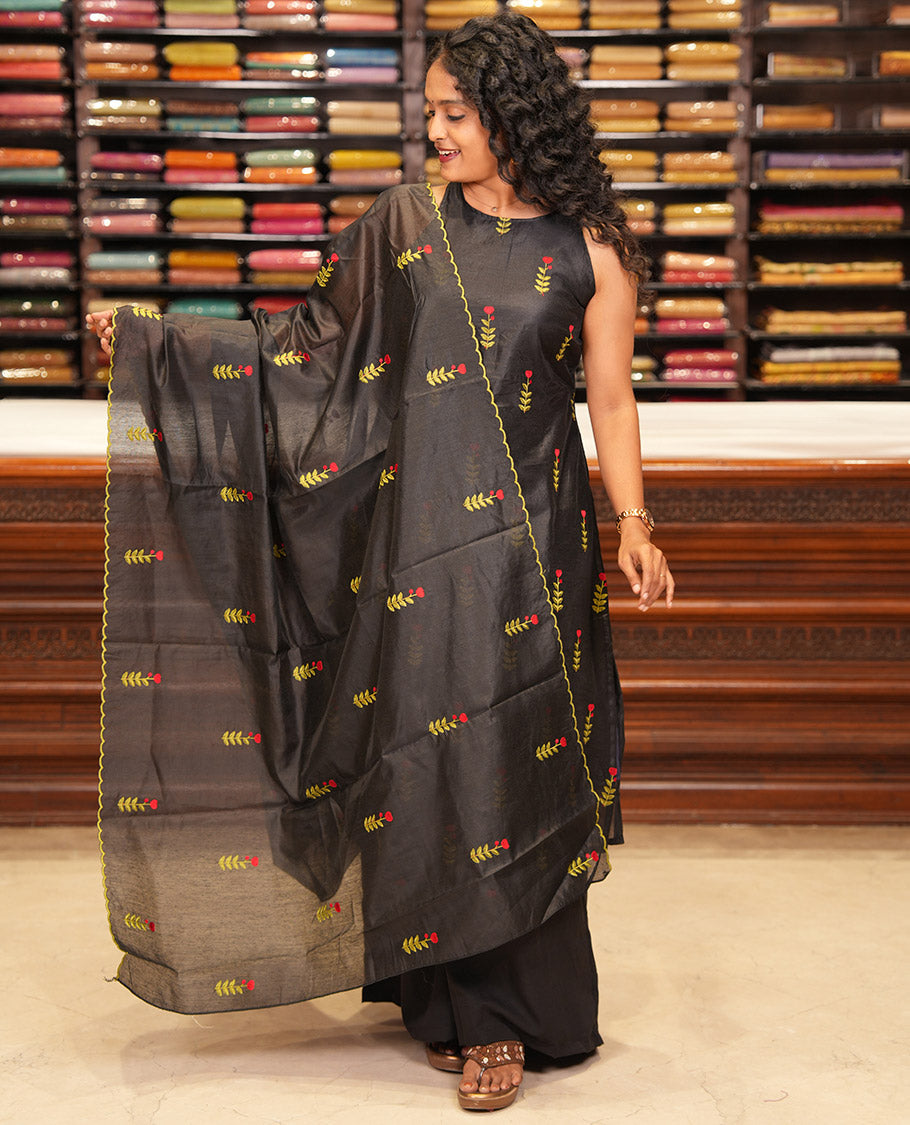 Black Mul Chanderi Material Chudidar, Floral Embroidery Top, Matching Bottom, Embroidery Dupatta