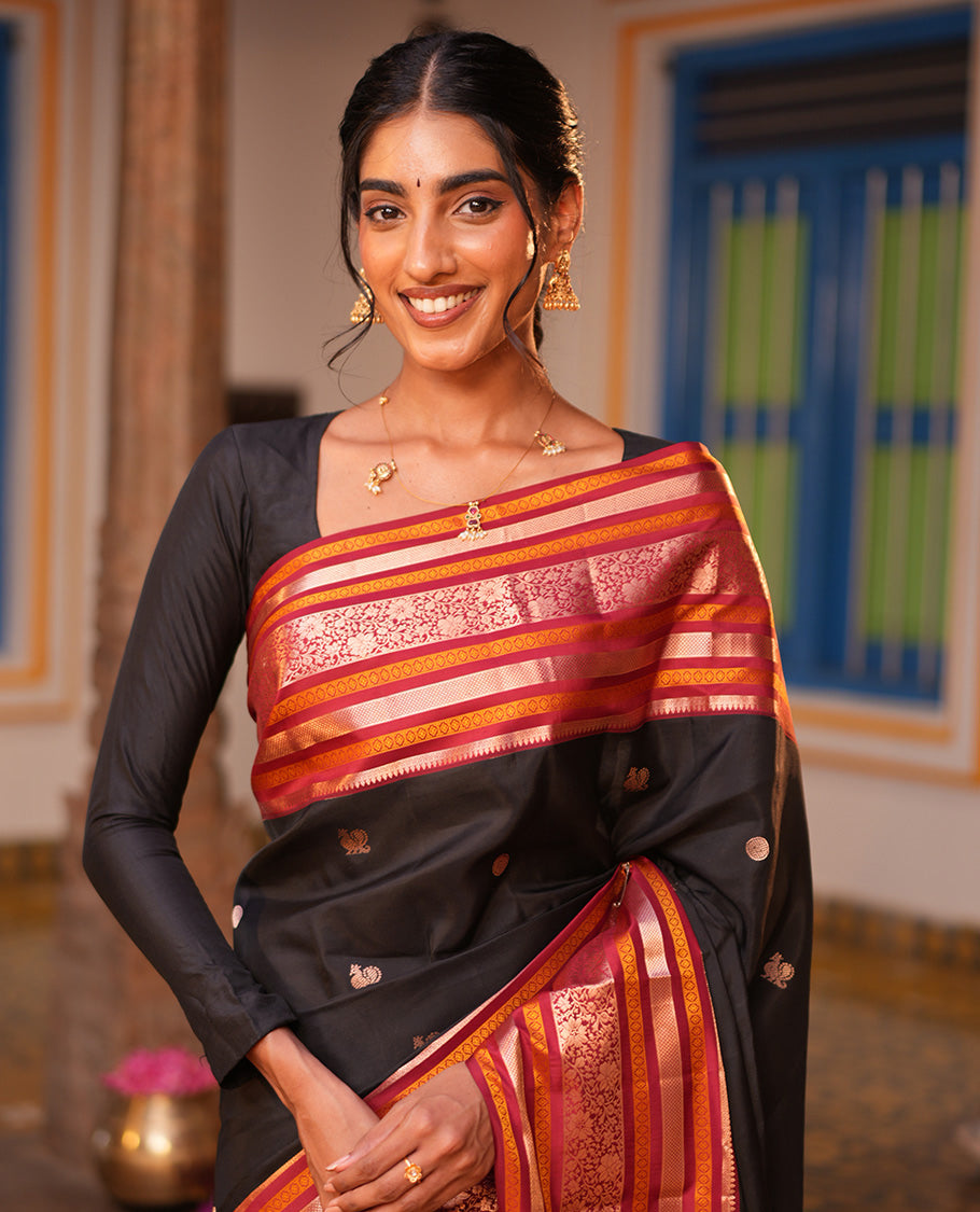 Black Mayil-Chakra Buttas Vasundhara Lite Silk Mix Saree, Contrast Traditional Zari Border, and a Contrast Blouse