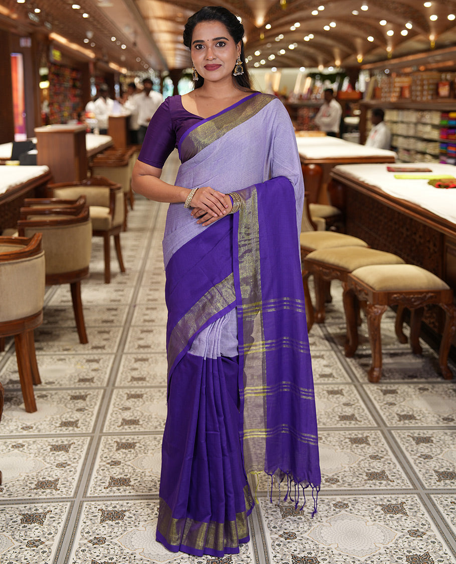 Violet Khadi Mul Cotton Saree, Adorned with Half-And-Half-Style Double-Colour Dyed on Its Body, a Subtle Zari Border, Striped Pallu, and Paired with a Matching Blouse
