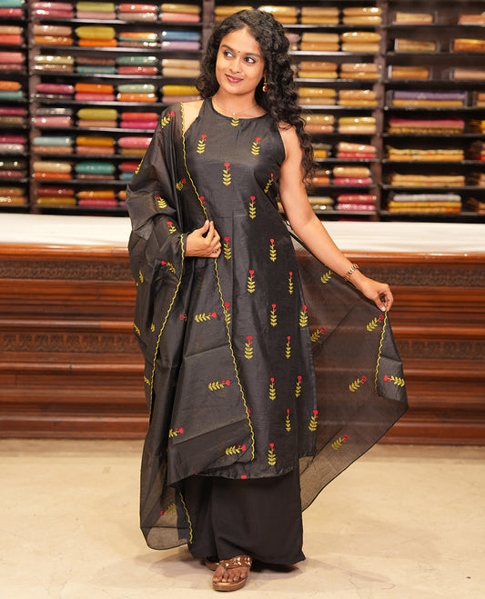 Black Mul Chanderi Material Chudidar, Floral Embroidery Top, Matching Bottom, Embroidery Dupatta