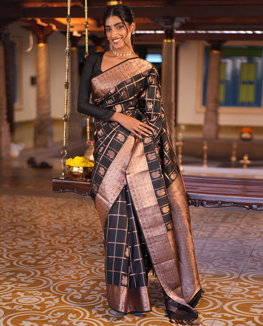 Black Butta Enclosed Checked Vasundhara Silk Saree, Zari Yaali-Iruthalai Pakshi-Yaanai Border, a Matching Blouse