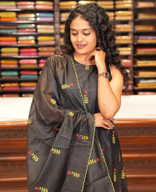 Black Mul Chanderi Material Chudidar, Floral Embroidery Top, Matching Bottom, Embroidery Dupatta