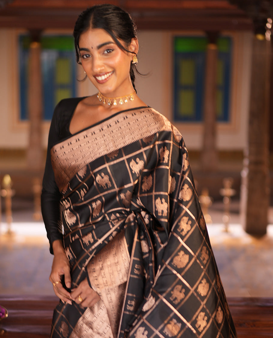 Black Butta Enclosed Checked Vasundhara Silk Saree, Zari Yaali-Iruthalai Pakshi-Yaanai Border, a Matching Blouse
