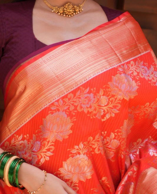 Orange Floral Jacquard Budget Silk Saree, a Traditional Zari Border, Jaal Pallu, and Matching Blouse