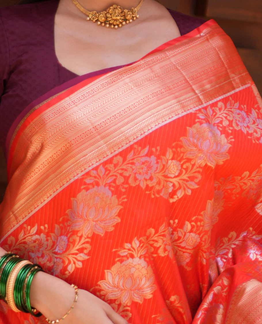 Orange Floral Jacquard Budget Silk Saree, a Traditional Zari Border, Jaal Pallu, and Matching Blouse