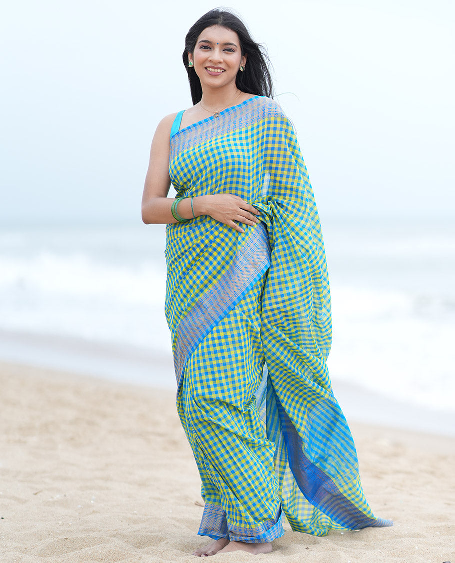 Lemon Yellow-Blue Chettinad Cotton Saree, Adorned with Vintage Checks, Contrast Traditional Border, Striped Pallu, and Matching Blouse