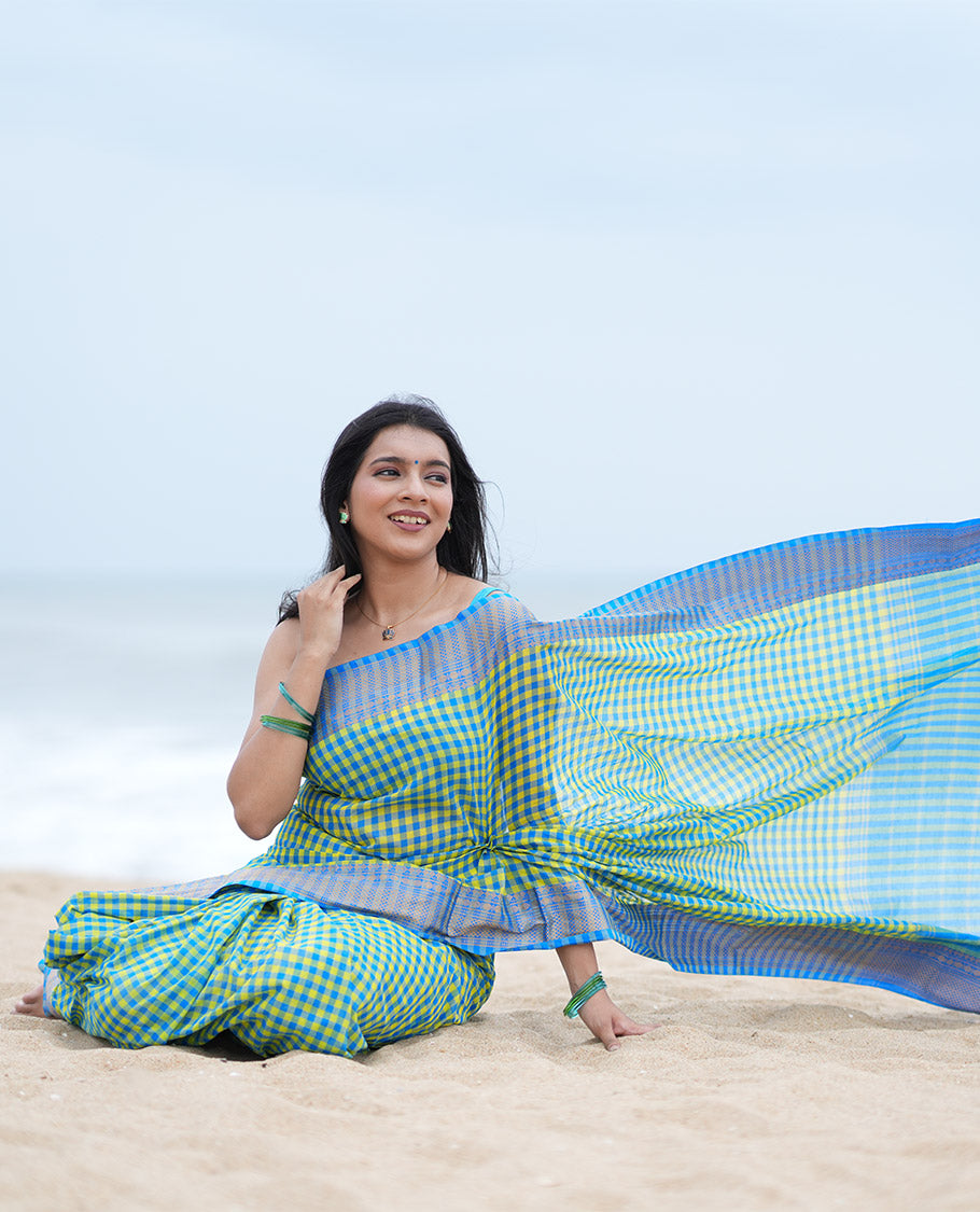 Lemon Yellow-Blue Chettinad Cotton Saree, Adorned with Vintage Checks, Contrast Traditional Border, Striped Pallu, and Matching Blouse