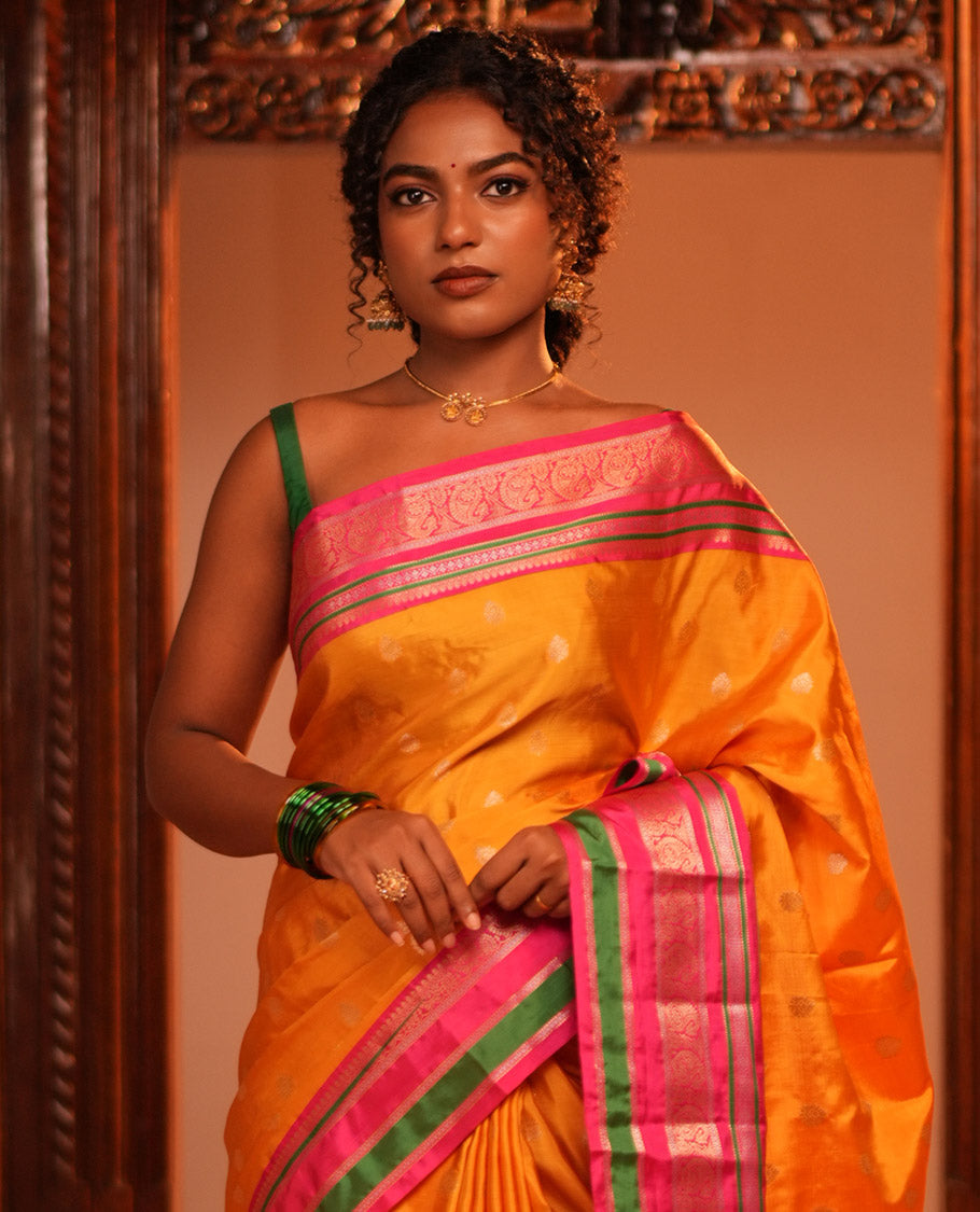 Yellow Zari Butta Semi-Soft Silk Saree