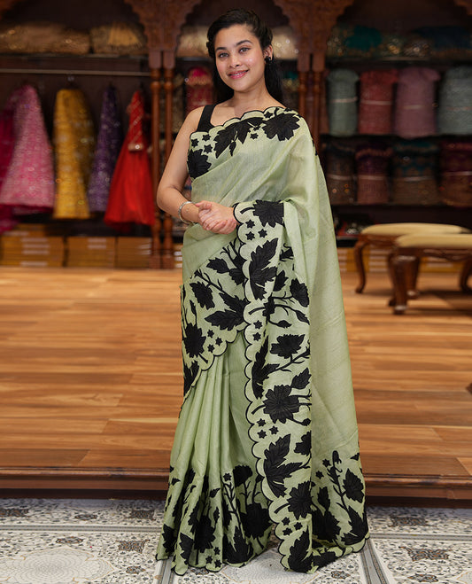 Pista Green Plain Fancy Kota Silk Saree Highlighted with Floral Applique Embroidered Scallop Border, Applique Embroidered Pallu, and a Matching Blouse