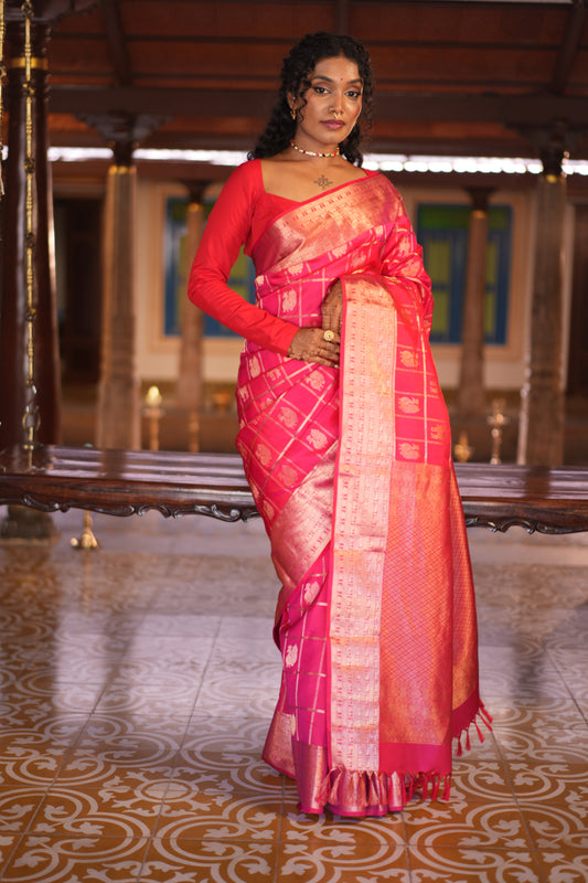 Dark Pink Butta Enclosed Checked Vasundhara Silk Saree, Zari Yaali-Iruthalai Pakshi-Yaanai Border, a Matching Blouse