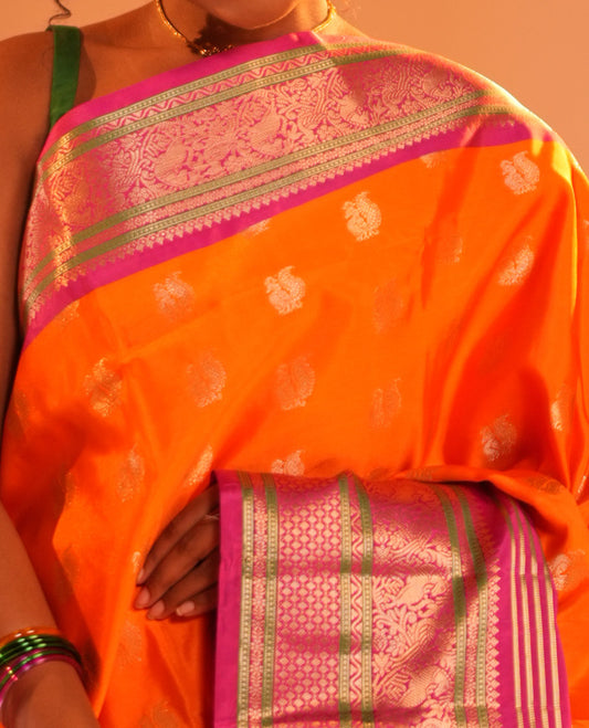 Orange Peacock Buttas Semi-Soft Silk Saree