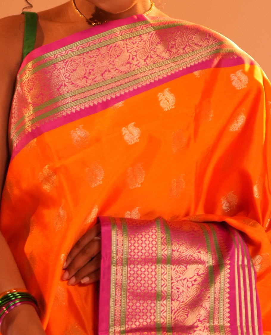 Orange Peacock Buttas Semi-Soft Silk Saree