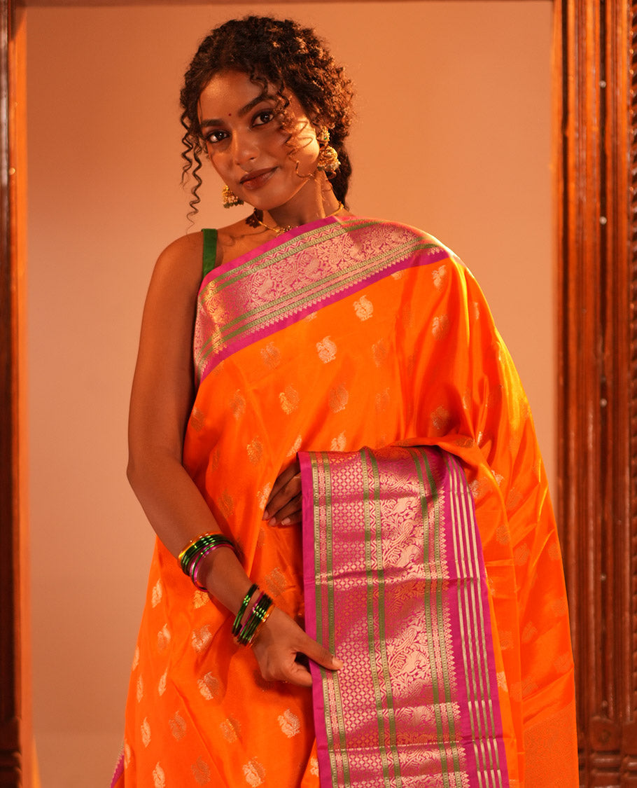 Orange Peacock Buttas Semi-Soft Silk Saree