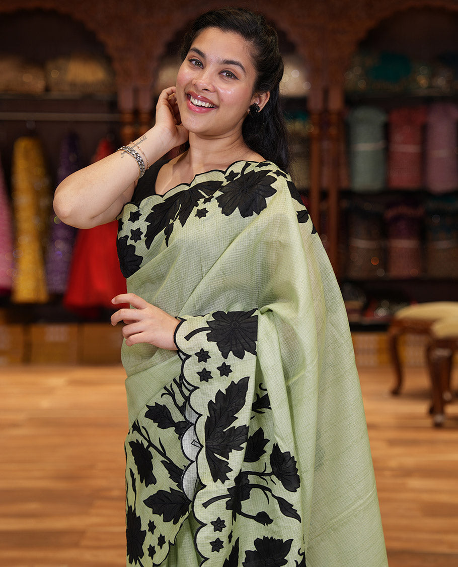 Pista Green Plain Fancy Kota Silk Saree Highlighted with Floral Applique Embroidered Scallop Border, Applique Embroidered Pallu, and a Matching Blouse