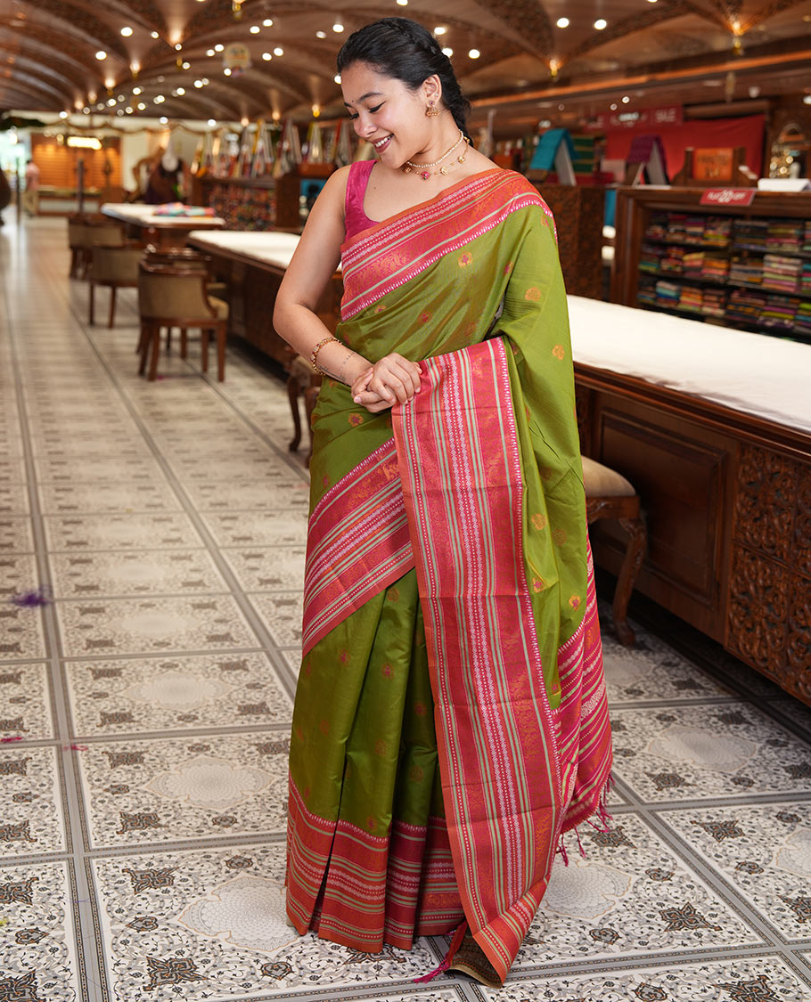Leaf Green Litchi Chettinad Cotton Saree Features Buttas, Contrast Traditional Border, Grand Pallu,  Contrast Blouse