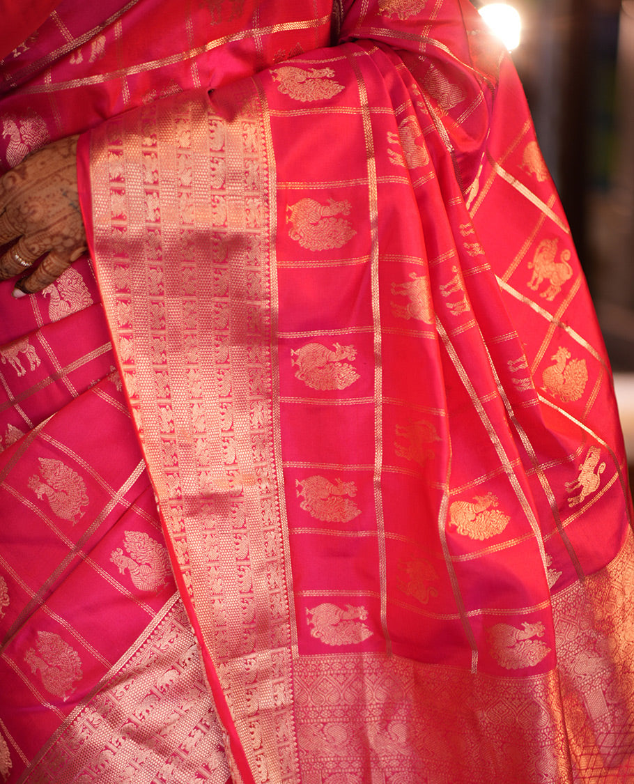 Dark Pink Butta Enclosed Checked Vasundhara Silk Saree, Zari Yaali-Iruthalai Pakshi-Yaanai Border, a Matching Blouse