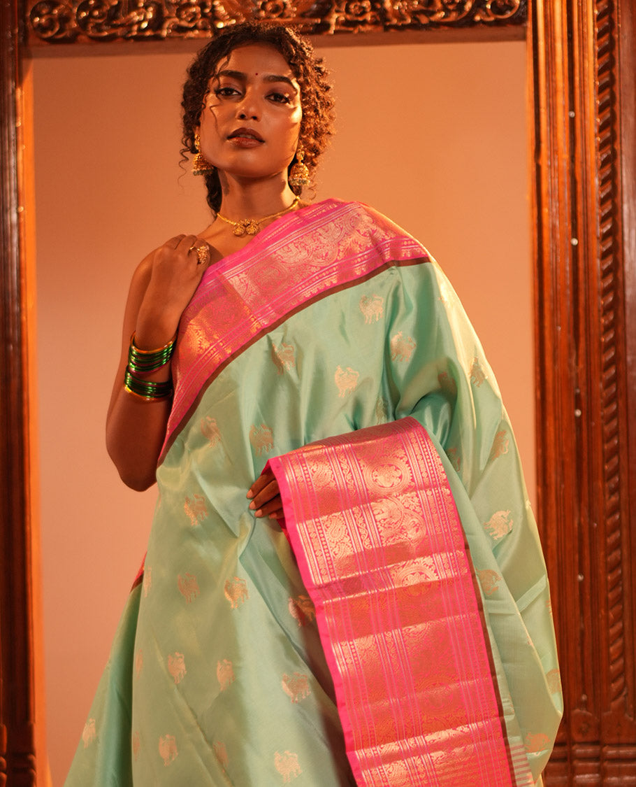 Blue Animal Butta Semi-Soft Silk Saree