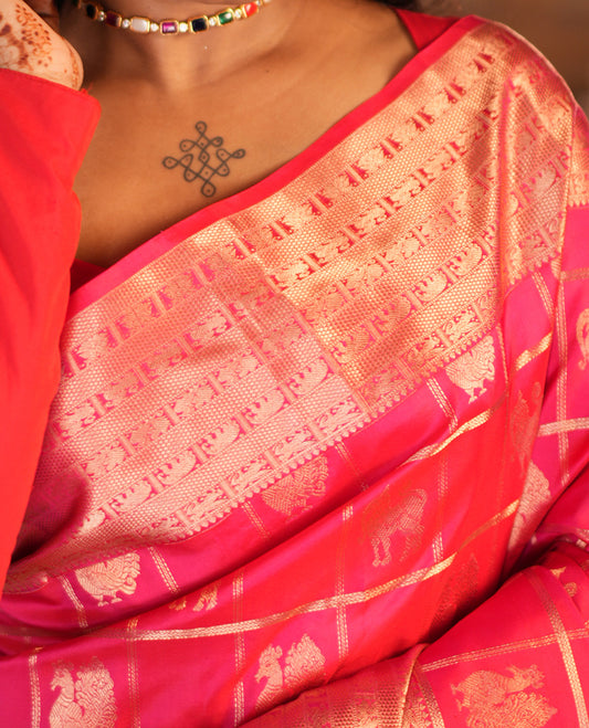Dark Pink Butta Enclosed Checked Vasundhara Silk Saree, Zari Yaali-Iruthalai Pakshi-Yaanai Border, a Matching Blouse