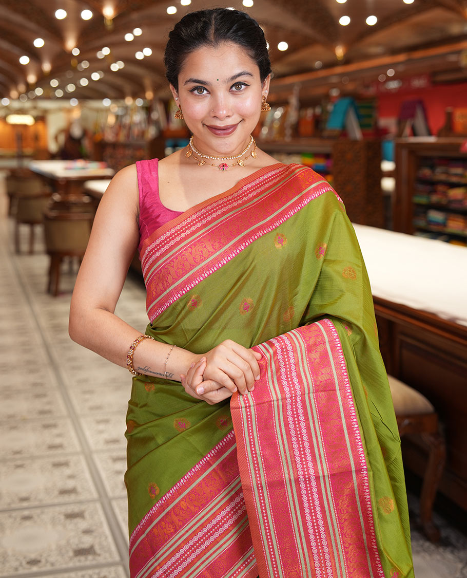 Leaf Green Litchi Chettinad Cotton Saree Features Buttas, Contrast Traditional Border, Grand Pallu,  Contrast Blouse