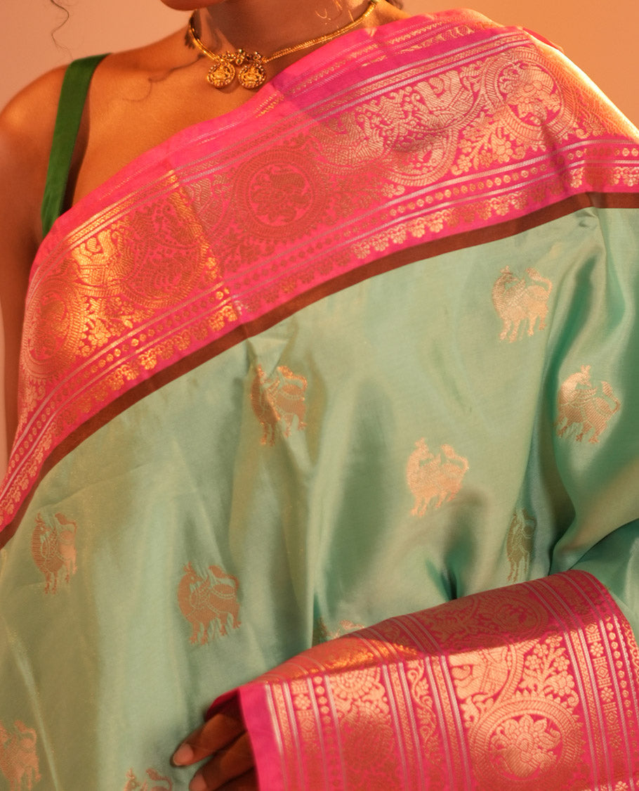 Blue Animal Butta Semi-Soft Silk Saree