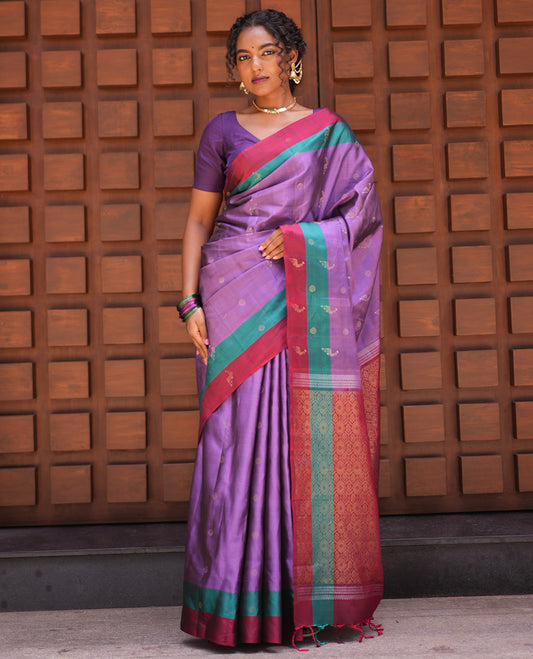 Lavender Buttas Mayuri Lite Silk Mix Saree, Contrast Zari Border, Intricate Pallu, and Contrast Blouse