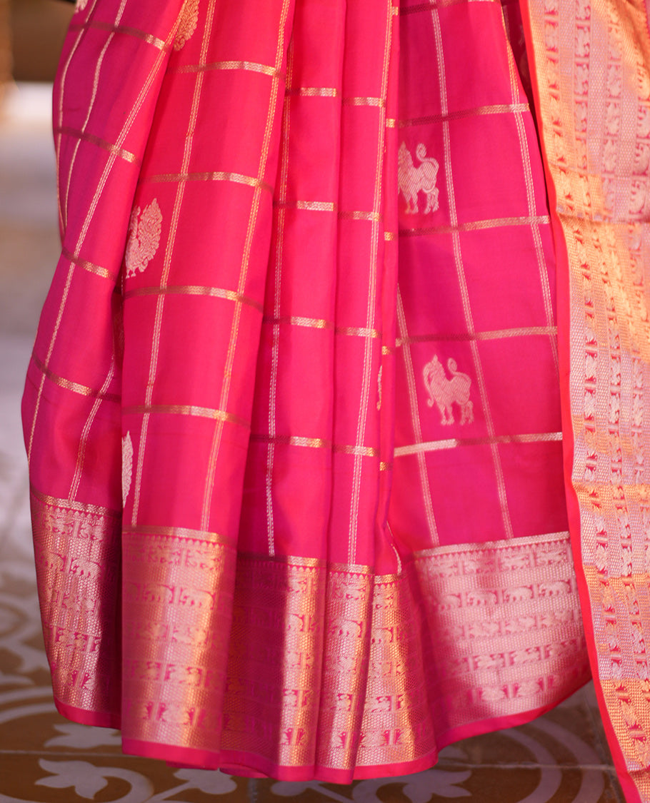 Dark Pink Butta Enclosed Checked Vasundhara Silk Saree, Zari Yaali-Iruthalai Pakshi-Yaanai Border, a Matching Blouse