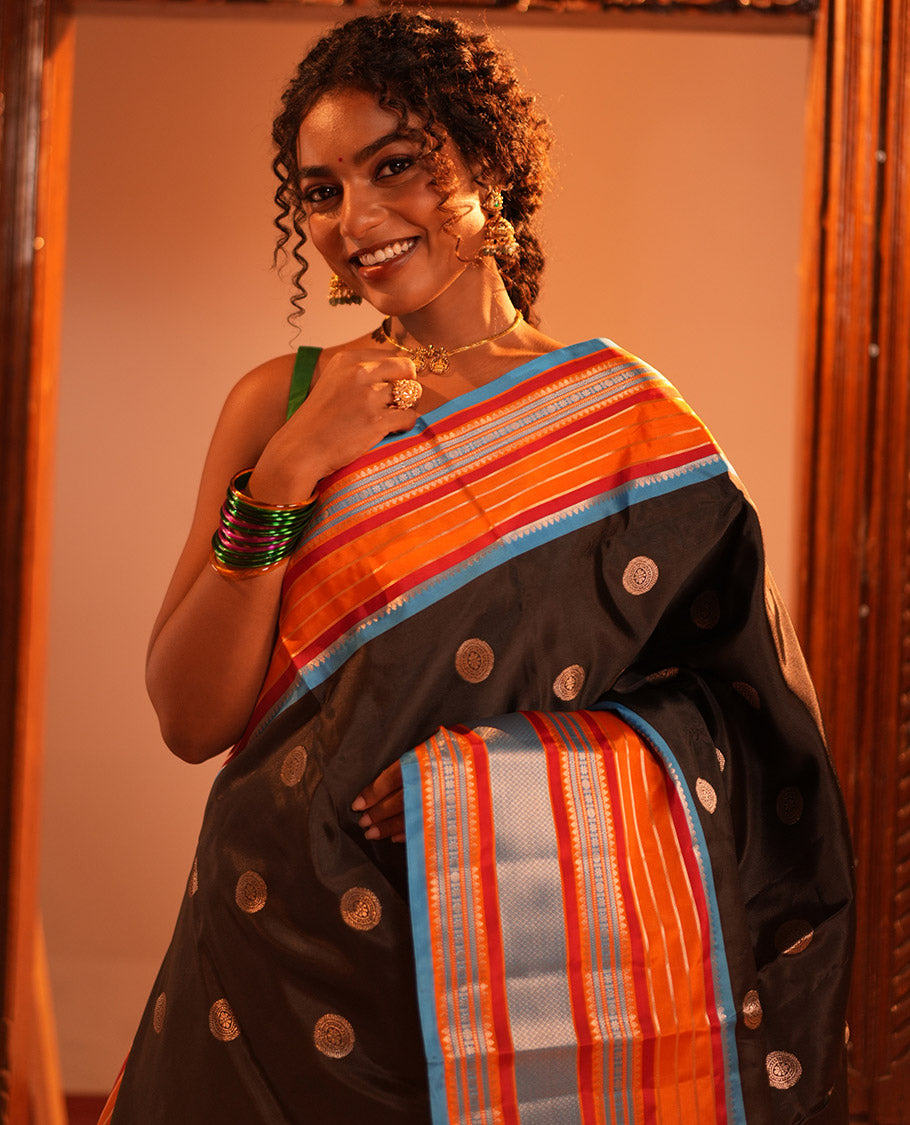 Black Chakram Buttas Semi-Soft Silk Saree