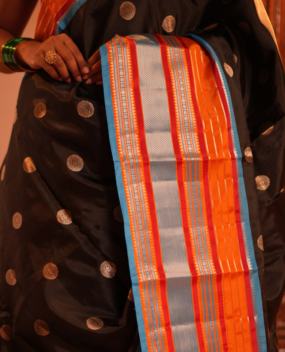Black Chakram Buttas Semi-Soft Silk Saree