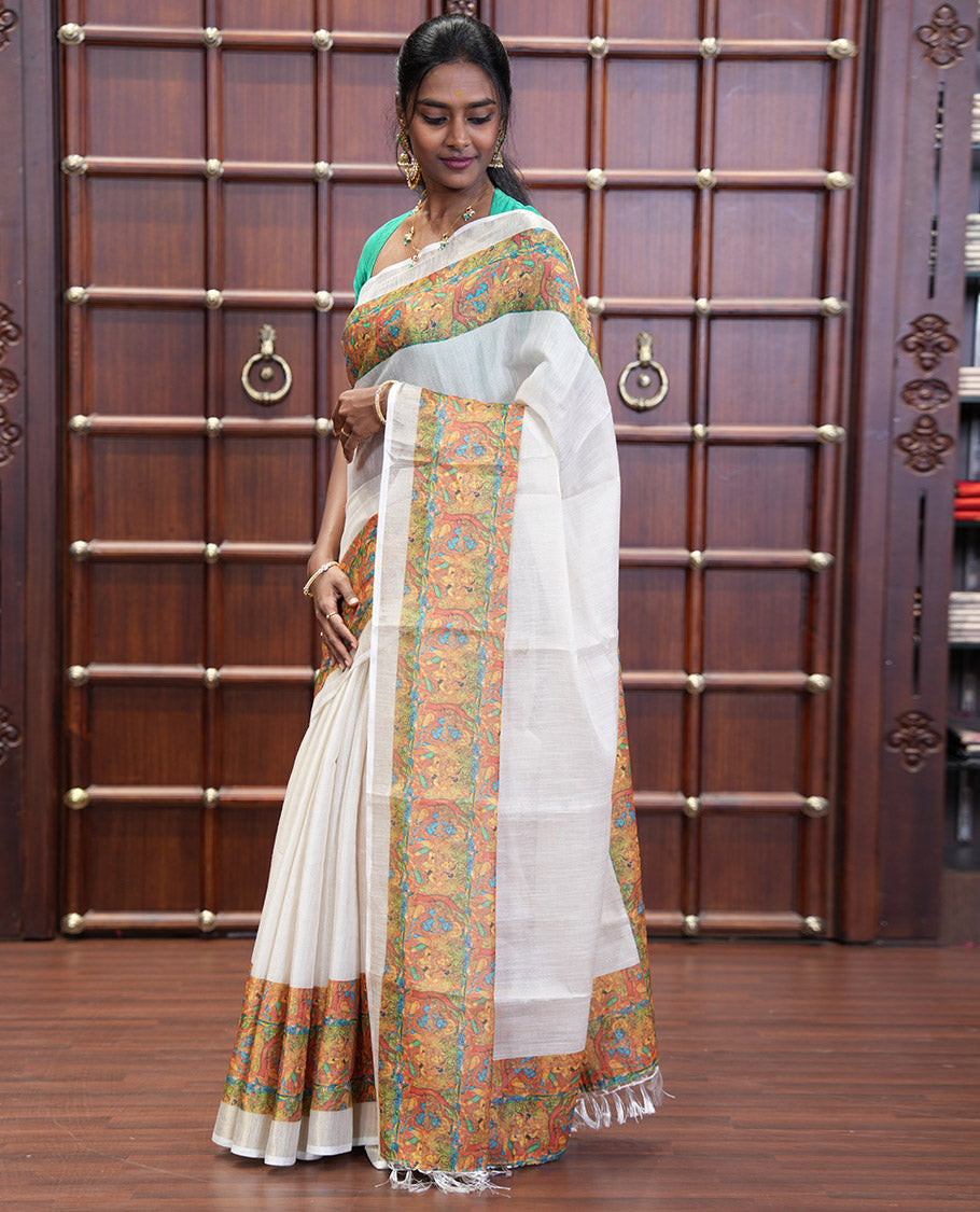 Cream Plain Tissue Saree Mesmerized with Contrasting Kerala Mural Painting-Style Lord Krishna and Gopis Printed Border, Painting-Style Printed Pallu, and a Contrast Plain Blouse