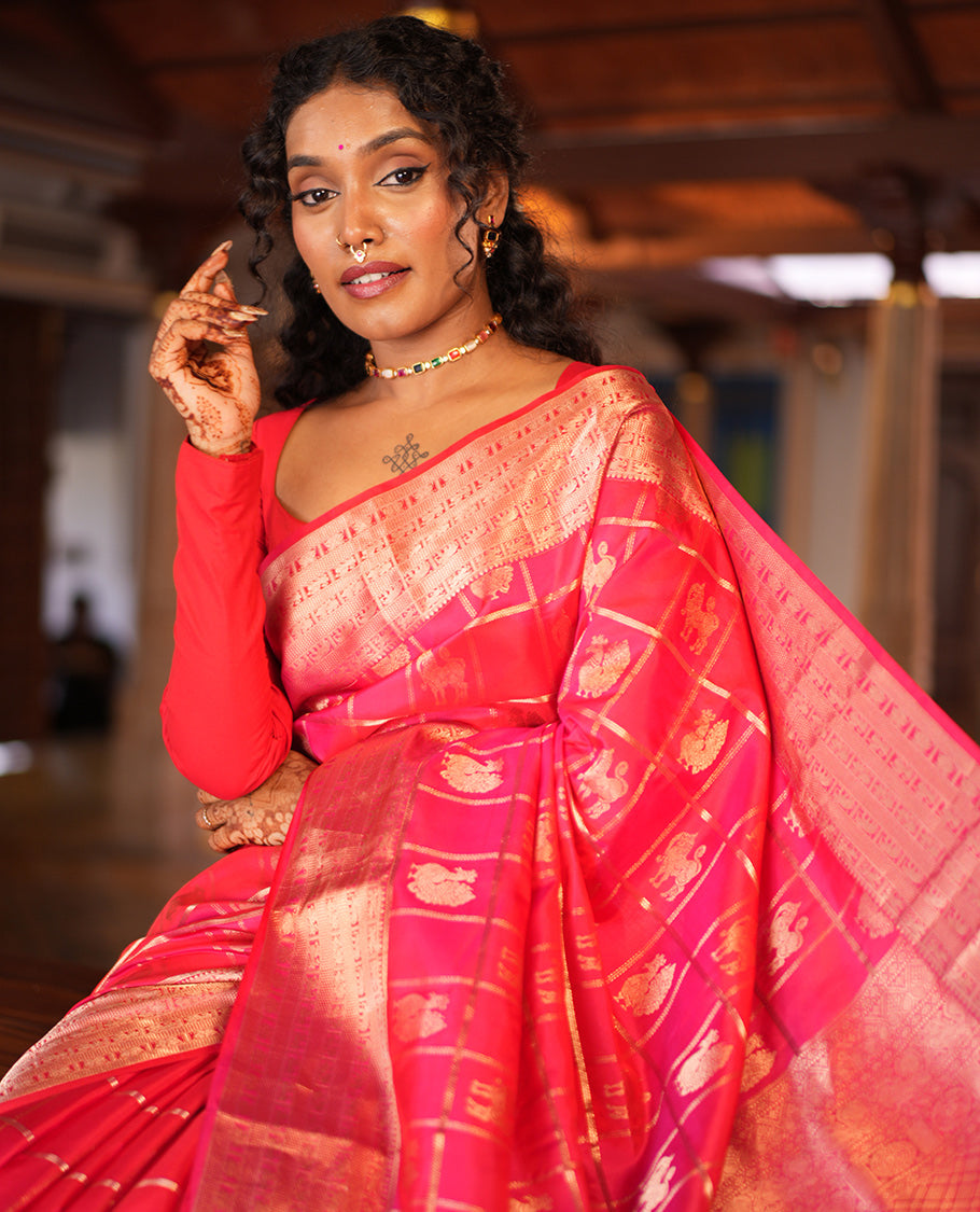 Dark Pink Butta Enclosed Checked Vasundhara Silk Saree, Zari Yaali-Iruthalai Pakshi-Yaanai Border, a Matching Blouse