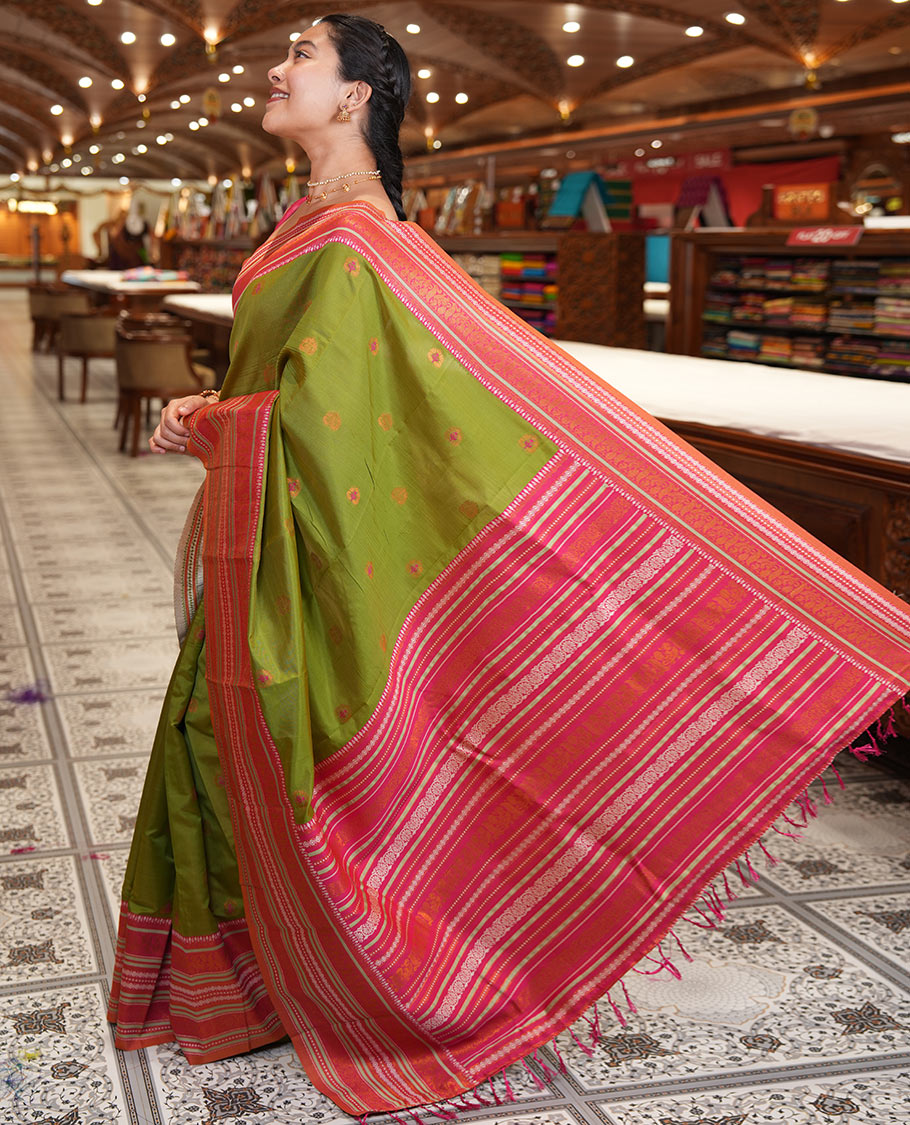Leaf Green Litchi Chettinad Cotton Saree Features Buttas, Contrast Traditional Border, Grand Pallu,  Contrast Blouse