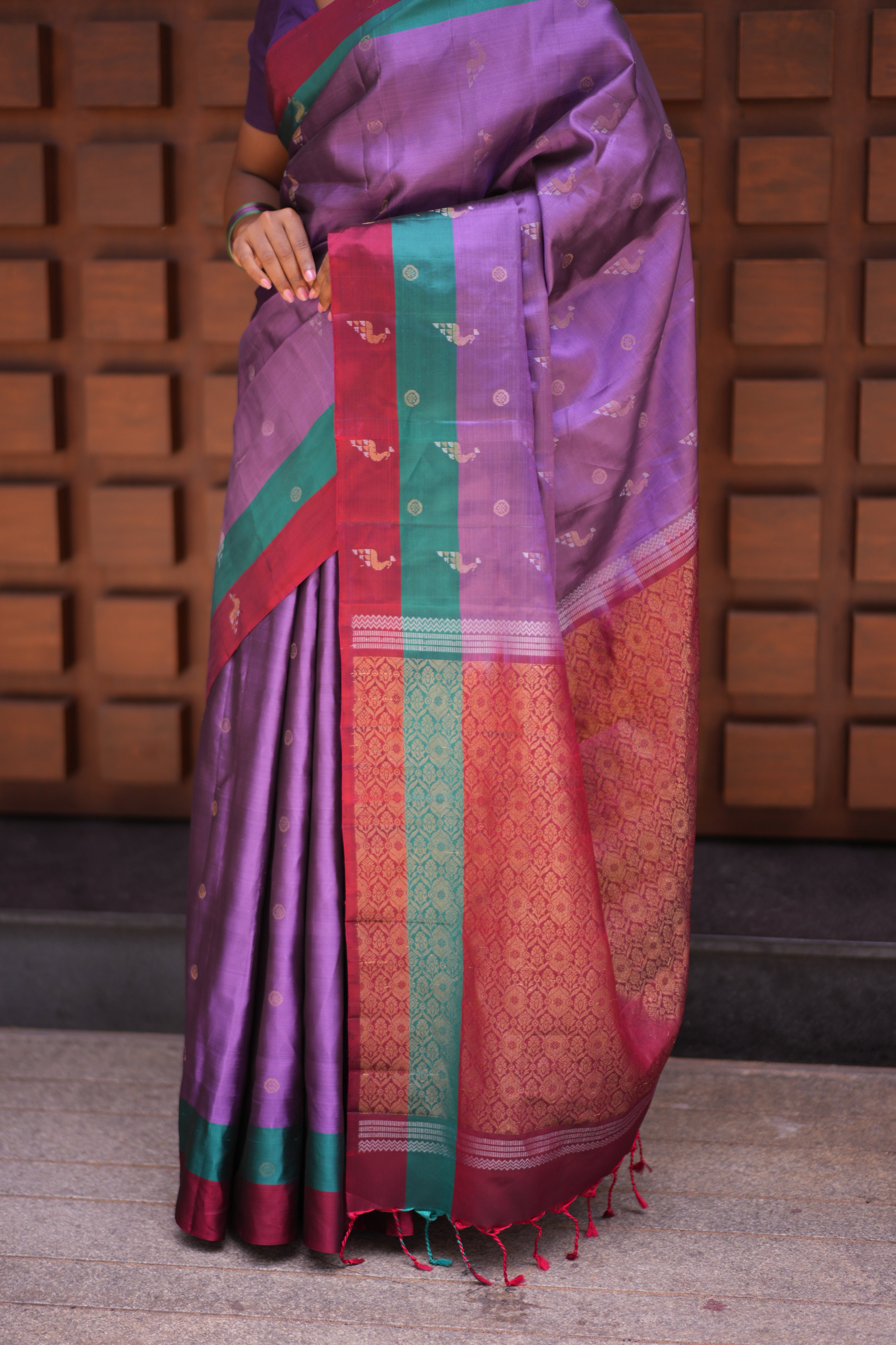Lavender Buttas Mayuri Lite Silk Mix Saree, Contrast Zari Border, Intricate Pallu, and Contrast Blouse