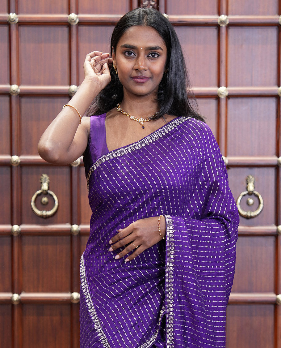 Dark Violet Vitchitra Silk Saree Elevated with Sequin-Style Foil Prints All Over Its Body, Jarkan Stone Work Border, and Paired with a Matching Jarkan Stone Work Blouse