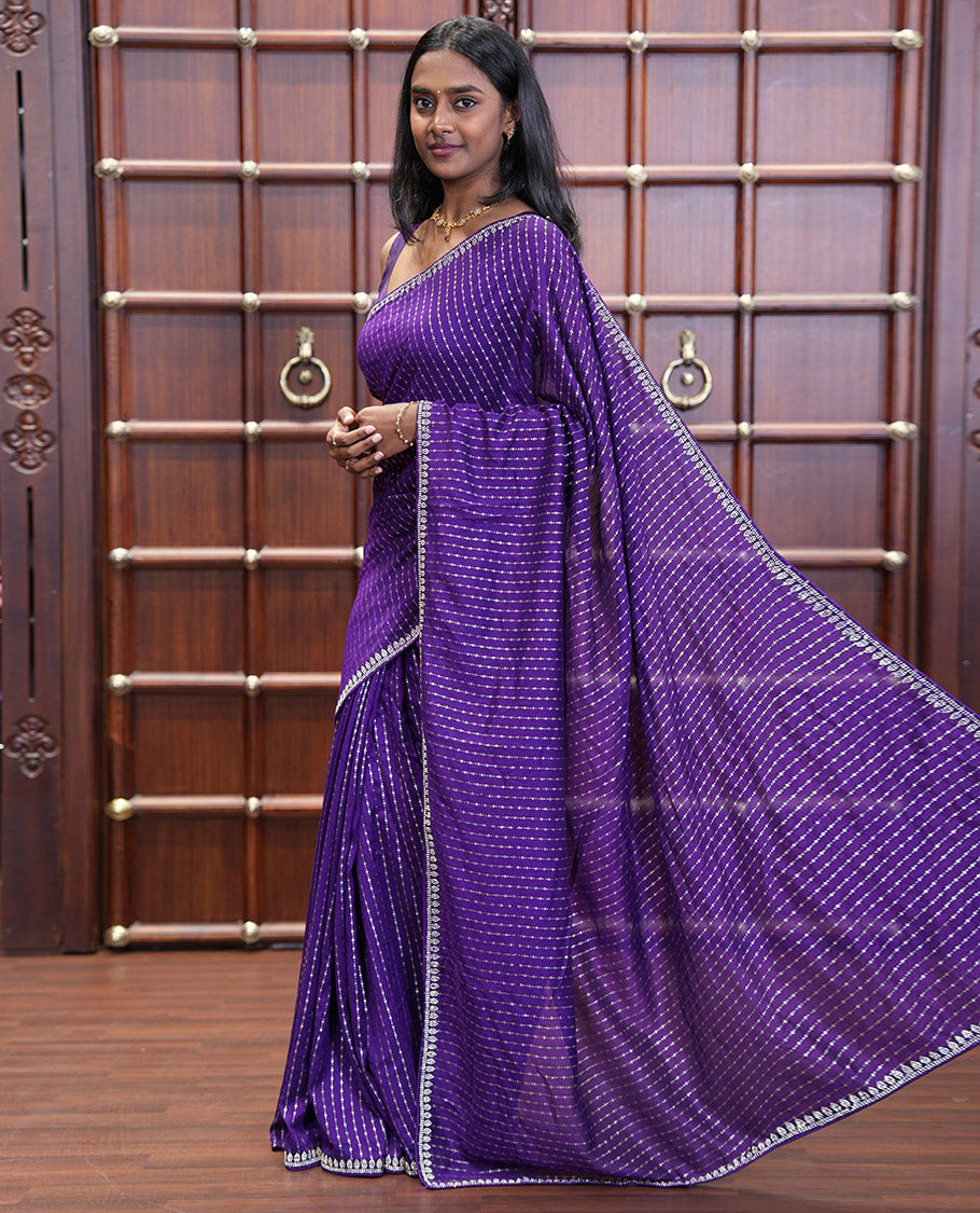 Dark Violet Vitchitra Silk Saree Elevated with Sequin-Style Foil Prints All Over Its Body, Jarkan Stone Work Border, and Paired with a Matching Jarkan Stone Work Blouse