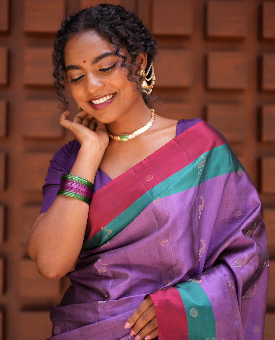 Lavender Buttas Mayuri Lite Silk Mix Saree, Contrast Zari Border, Intricate Pallu, and Contrast Blouse