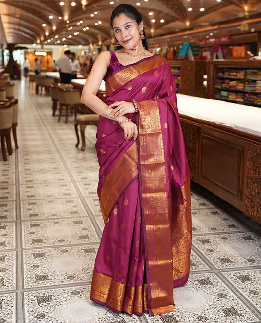 Maroon Art Silk Saree Features Chakra Buttas, a Zari Elephant-Peacock Border, Grand Pallu, Matching Blouse